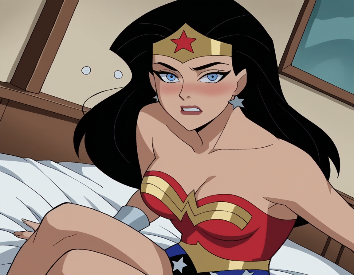 score_9, score_8_up, score_7_up, source_anime,
dianaprince, <lora:diana-prince-dcau-ponyxl-lora-nochekaiser:1>,
diana prince, blue eyes, black hair,
cleavage, bare shoulders, jewelry, star \(symbol\), leotard, star print, superhero,
indoors, bed, bed room, on side, blush, drunk,
cowboy shot, looking at viewer, solo, dutch angle,