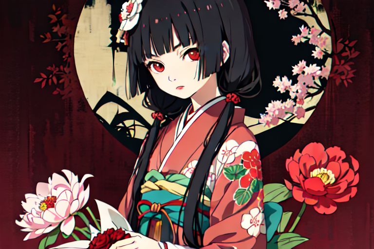 enma ai, hair down, hair black, bangs, eyes red, masterpiece, best quality, ultra-detailed, illustration, 1girl, solo, highres, photorealistic, ultra high res, (Original illustration composition), (fusion of limited color,Maximalism artstyle, kimono obi fashion, double exposure, background, illustration, Amazing, lily spider, night darkness, open one's mouth, finger, bouquet flowers red, low twintails, (polychromatic peony:1.15), Movie poster,