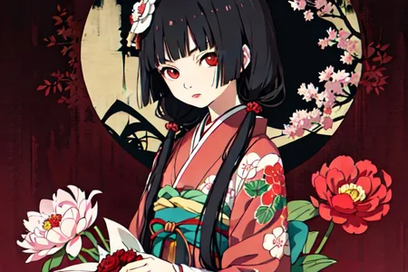 enma ai, hair down, hair black, bangs, eyes red, masterpiece, best quality, ultra-detailed, illustration, 1girl, solo, highres, photorealistic, ultra high res, (Original illustration composition), (fusion of limited color,Maximalism artstyle, kimono obi fashion, double exposure, background, illustration, Amazing, lily spider, night darkness, open one's mouth, finger, bouquet flowers red, low twintails, (polychromatic peony:1.15), Movie poster,