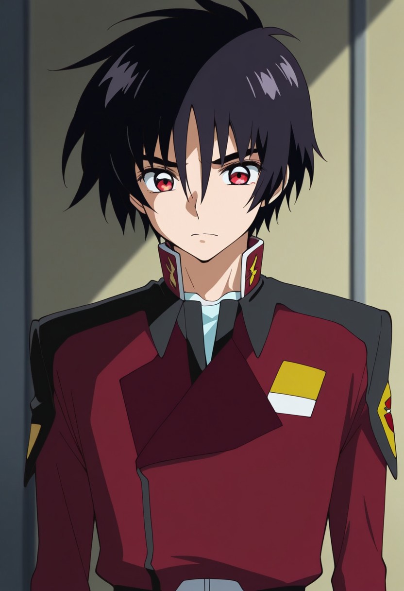 masterpiece,best quality,amazing quality, source_anime, 
ShinnAsuka, 1boy, male focus, solo, red eyes, black hair, uniform, military, military uniform, jacket, red jacket,