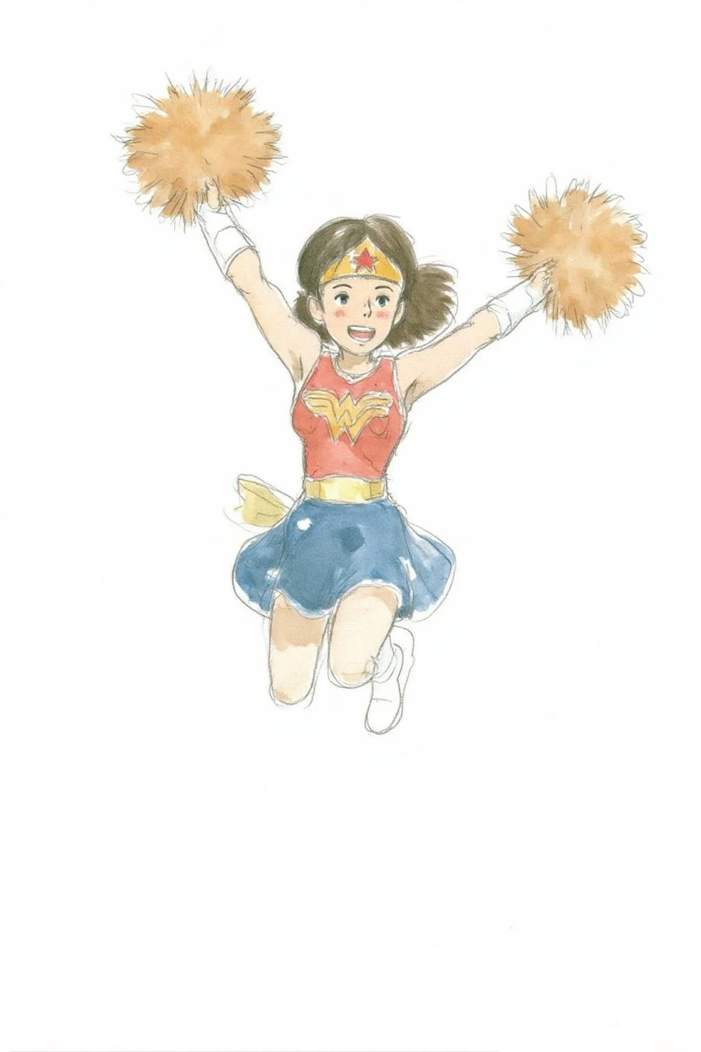 hayaomiyazaki2 illustration.
A cheerleader dressed as Wonder Woman, jumping into the air with her pom poms. <lora:hayaomiyazaki2_cap_d8a4:1.0><lora:861018115641729994:0>