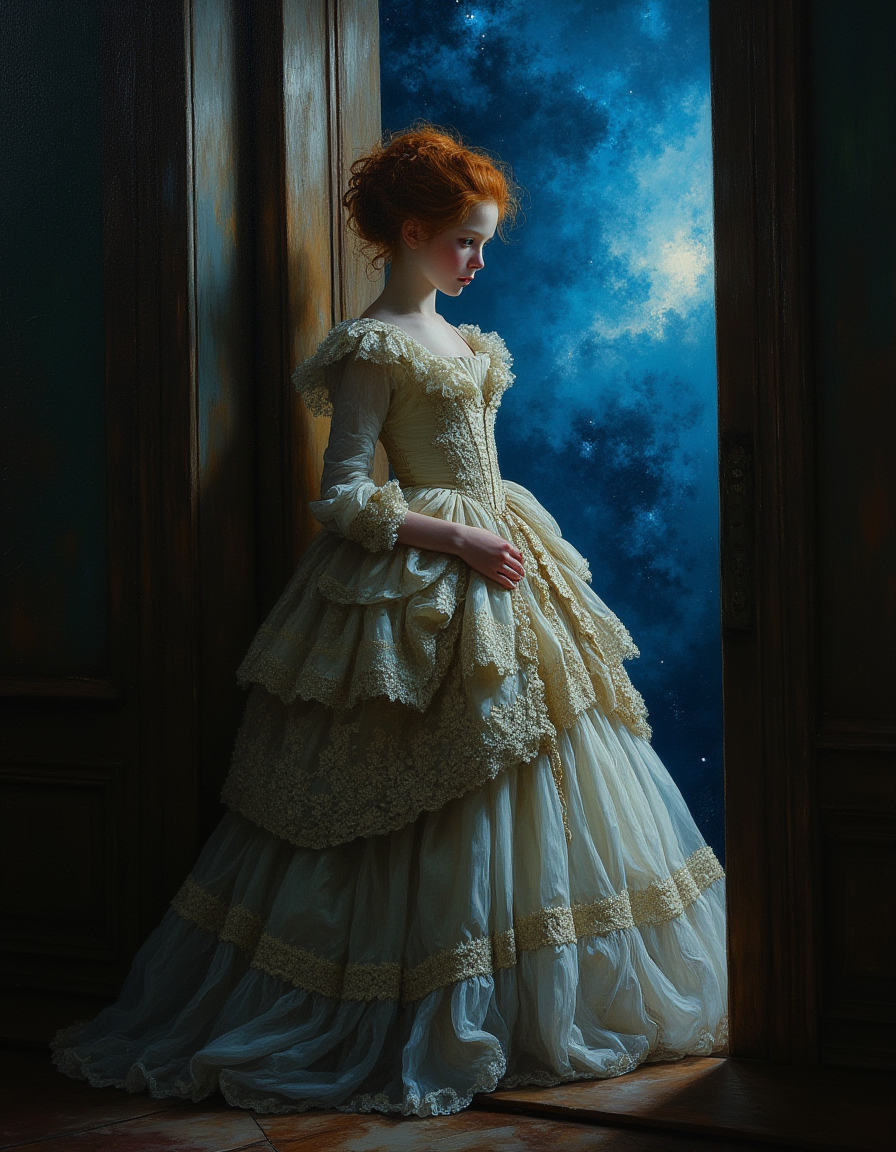 masterpiece, high quality, Oil Painting, an ethereal teen girl wearing an ornate corseted and bustled Victorian dress by Albert Lynch, Abbott Handerson Thayer. Her young face conveys an innocent, inquisitive quality. She has petite body, pale white skin, deep blue eyes, and red hair that is in a Victorian updo. She is stepping out through a door into where behind her is a blue nebula can be seen in the otherwise darkness of space. ultra detailed, romantic, Focus on the girl, shadow and light, Masterpiece, intricate lines, intriguing atmosphere, sharp magnificent details, delicate features, elaborate details, (2\3 rule composition:0.5), ultra detailed, romantic, Rembrandt lighting, brush stroke, lovely, novuschroma, in the style of Rembrandt. vantablack <lora:style_of_Rembrandt_FLUX_135:.8> <lora:- Flux1 - vanta_black_V2.0:.6> <lora:113_novuschromaFLX_1:.2> <lora:Midjourney_Whisper_Minimal:.3>
 <lora:neeeg_f1:-.5>