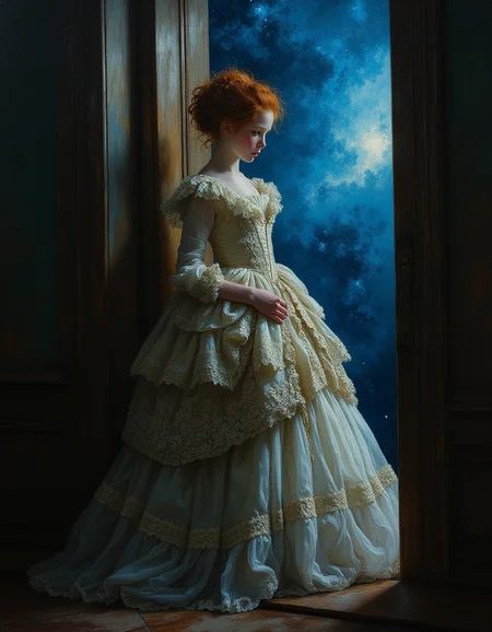 masterpiece, high quality, Oil Painting, an ethereal teen girl wearing an ornate corseted and bustled Victorian dress by Albert Lynch, Abbott Handerson Thayer. Her young face conveys an innocent, inquisitive quality. She has petite body, pale white skin, deep blue eyes, and red hair that is in a Victorian updo. She is stepping out through a door into where behind her is a blue nebula can be seen in the otherwise darkness of space. ultra detailed, romantic, Focus on the girl, shadow and light, Masterpiece, intricate lines, intriguing atmosphere, sharp magnificent details, delicate features, elaborate details, (2\3 rule composition:0.5), ultra detailed, romantic, Rembrandt lighting, brush stroke, lovely, novuschroma, in the style of Rembrandt. vantablack <lora:style_of_Rembrandt_FLUX_135:.8> <lora:- Flux1 - vanta_black_V2.0:.6> <lora:113_novuschromaFLX_1:.2> <lora:Midjourney_Whisper_Minimal:.3>
<lora:neeeg_f1:-.5>
