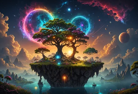 fantasy world, Mythical Nightscapes, glowing flora, night time, colorful flora and fauna, floating  island tree in the sky, multiple planet beyond the horizon
<lora:add-detail-xl:1> <lora:add_detail:1>