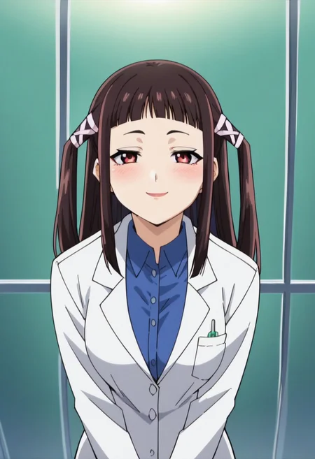 score_9, score_8_up, score_7_up, score_6_up, score_5_up, score_4_up, 1girl, rubytojo, ribbon, long hair, two side up, hair ribbon, twintails, blunt bangs, lipstick, black hair, labcoat, ponytail, lab outfit, blue shirt, big breasts, looking at viewer, smug, blush, from above, look up, anime screencap