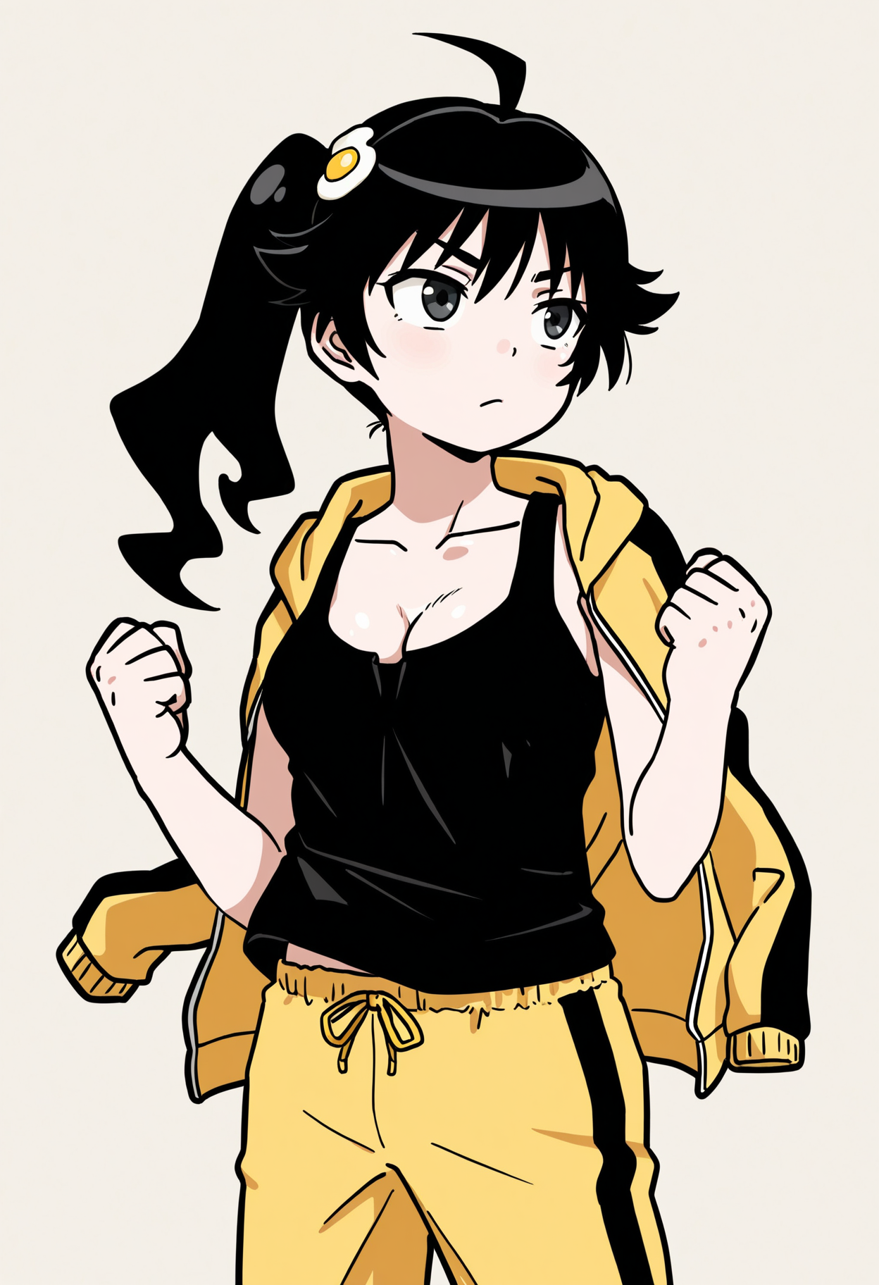 masterpiece,best quality,amazing quality,
1girl, solo, araragi karen, egg hair ornament, hair ornament, black hair, jacket, food-themed hair ornament, breasts, side ponytail, ahoge, long hair, tank top, black tank top, track jacket, egg (food), black eyes, closed mouth, fried egg, yellow jacket, jacket on shoulders, collarbone, yellow shorts, yellow pants, clenched hands, looking to the side, hooded track jacket, bangs, cleavage, pants, cowboy shot, shorts, medium breasts, food,
<lora:Drifter:1>