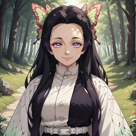 score_9, score_8, BREAK, solo, Kanae_Kochou_(Demon_Slayer), black hair, long hair, violet eyes, butterfly hair ornament, black shirt, white coat, wide sleeves, white belt, black pants, sandals, self portrait, smile, looking at viewer, outdoors, sunlight, shadows, evening lighting, natural lighting, forest, trees, grass, orange sky, sunset