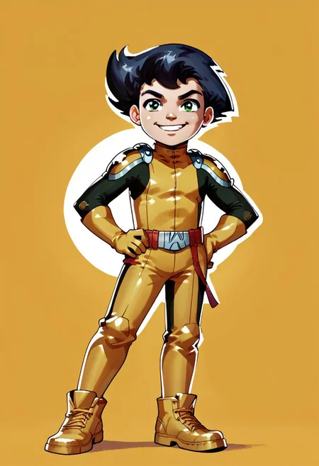 DarirStyle
score_9, score_8_up, score_7_up, highly detailed, cute boy, 1boy, solo, Tony_Clark, Black Hair, Green Eyes, Dark Skin, Yellow Bodysuit, Yellow Gloves, Yellow Pauldrons, Yellow Boots, Belt, hand on hips, smug smile