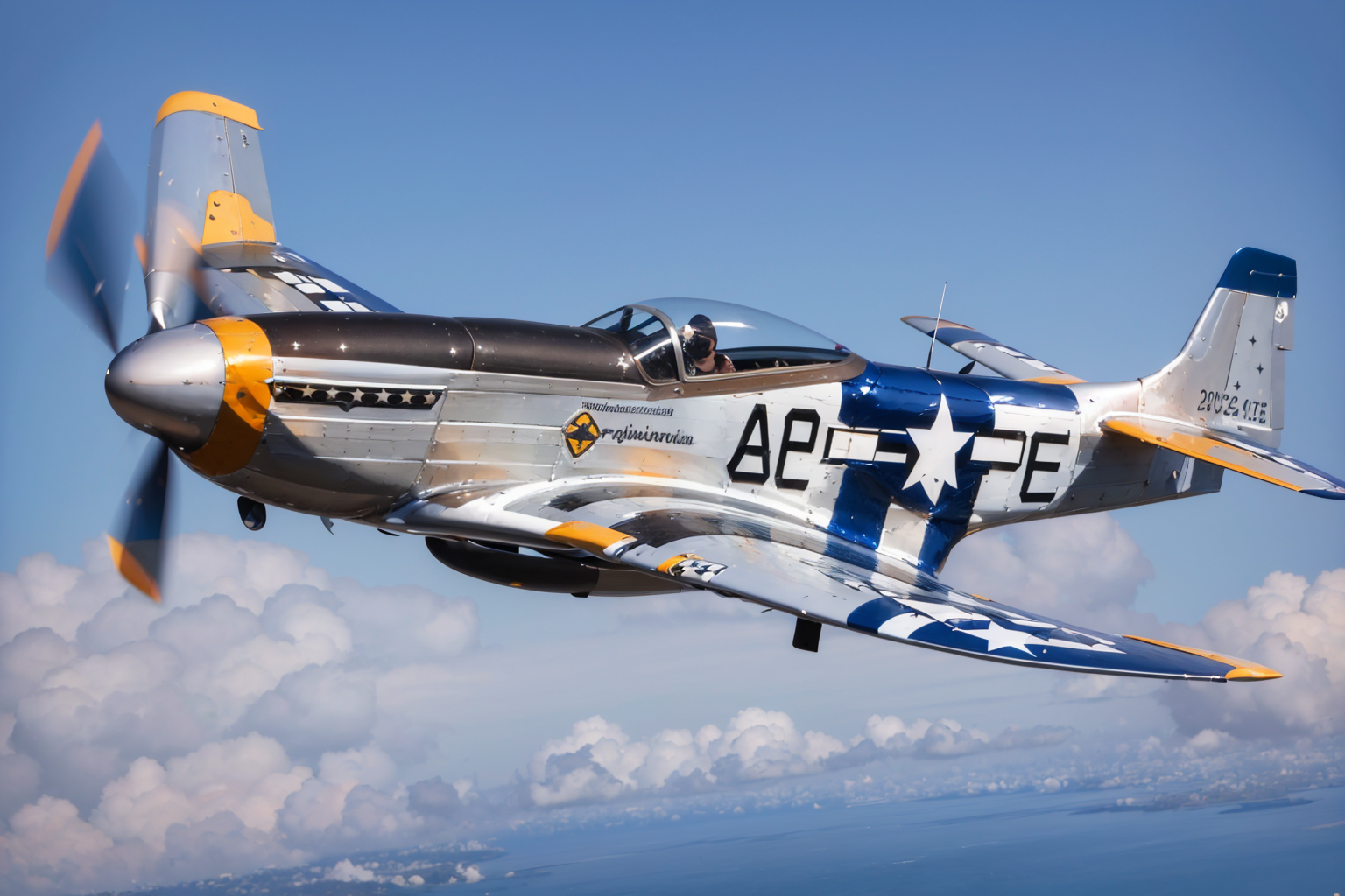 (masterpiece, best quality:1.2), ultra-detailed, flying through a blue sky P-51Mustang, (realistic:1.5), <lora:EdobP51Mustang_v1.0:0.8>