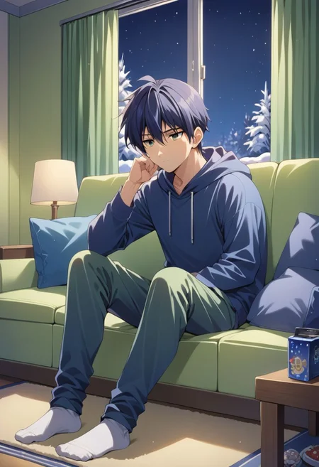 score_9, score_8_up, score_7_up, source_anime, highly detailed,
Tomoya Okazaki / Clannad, 1boy, solo, male focus,
indoor, living room, tv on, sofa, pillow, hoodie, long pants, white socks, watching tv, bored, tv on, televion on, night, snow,