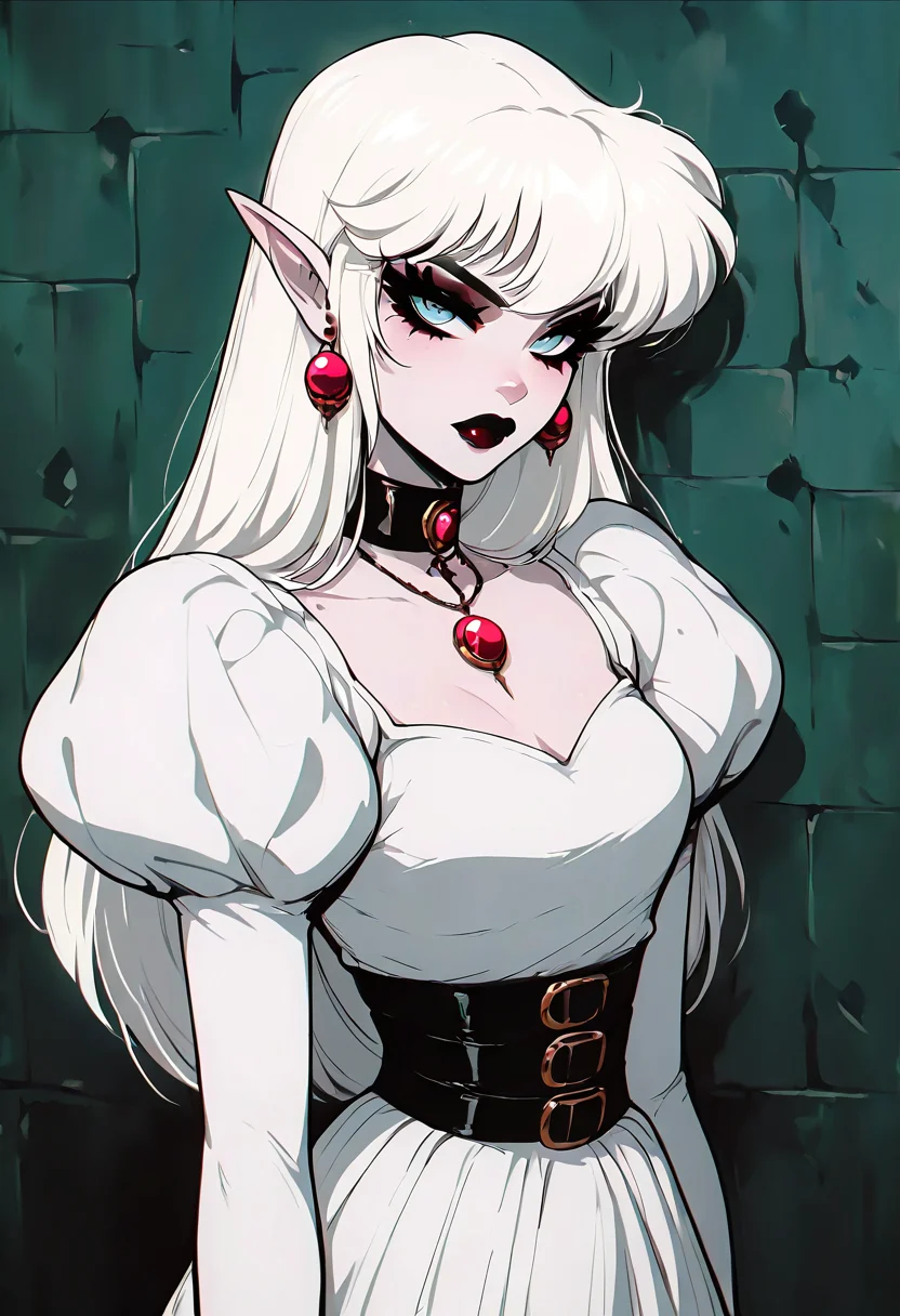 (masterpiece, best quality, good quality, very aesthetic, absurdres), 1girl, solo, eyelashes, (beautiful eyes), 1girl, solo, long hair, breasts, looking at viewer, bangs, blue eyes, long sleeves, jewelry, closed mouth, upper body, white hair, earrings, choker, pointy ears, puffy sleeves, belt, necklace, collar, colored skin, lipstick, juliet sleeves, elf, wall, long hair, looking at viewer, blue eyes, long sleeves, closed mouth, upper body, white hair, pointy ears, puffy sleeves, colored skin, red lips , Boosette_Mario, 1girl, long hair, white hair, long white dress, ballroom dress, white gloves, <lora:GothRetroNAI:1.0>, <lora:Boosette_Mario_SDXL:1.0>,