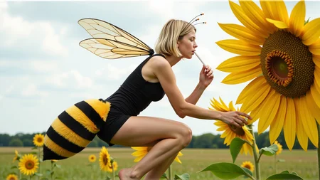 cinematic photo a (25 year old girl:1.5), she has huge bee wings attached to her back and bee antennae attached to her head, she's wearing a( black and yellow:1.2) horizontally striped figure hugging lycra minidress, the dress has a human sized (fuzzy bee abdomen attached sticking out at the butt:1.3)
she has blonde hair in a bob cut, she has a slim figure and long legs, she has medium sized breasts
she's hovering in midair in front of a enormous flower, the flower is bigger than the girl, ready to drink it's nectar through a long straw, the straw is held in her hand with the end (stuck into the flower:1.3)
she's in a meadow of enormous wild flowers,, score_9, score_8_up, score_7_up, hyperdetailed, hyperrealistic,  best quality, (masterpiece:1.3),high-definition, intricate details, volumetric lighting, symmetrical face, level eyes, . 35mm photograph, film, bokeh, professional, 4k, highly detailed