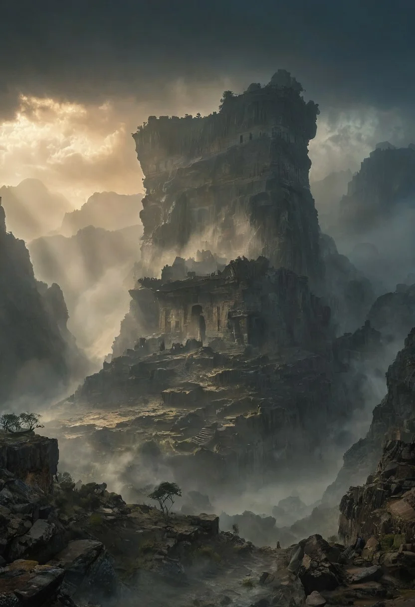 View from a rocky ledge to a massive,weathered ark resting between two high,jagged hills. The scene is shrouded in a thick,ominous fog,with an eerie stillness in the air. The ark,appearing ancient and majestic,looms large against the chaotic swirl of dark clouds above. The sky is filled with ominous,swirling clouds,casting deep shadows over the landscape. Animals of all kinds are faintly visible through the mist,gathering in pairs and moving towards the ark. The overall scene evokes a sense of awe and solemnity,capturing the profound moment of Noah's Ark amid the turbulent surroundings.