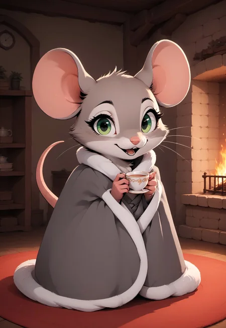 score_9, score_8_up, score_7_up, score_6_up, score_5_up, score_4_up,
[][][][][]
m0use_goldie, cuillu, indoors, (blanket, under covers:0.9), holding teacup, tail, cute, (grey fur, grey ears, green eyes), (look at viewer:1), (open mouth:0.7), fireplace, (tall:1.5)