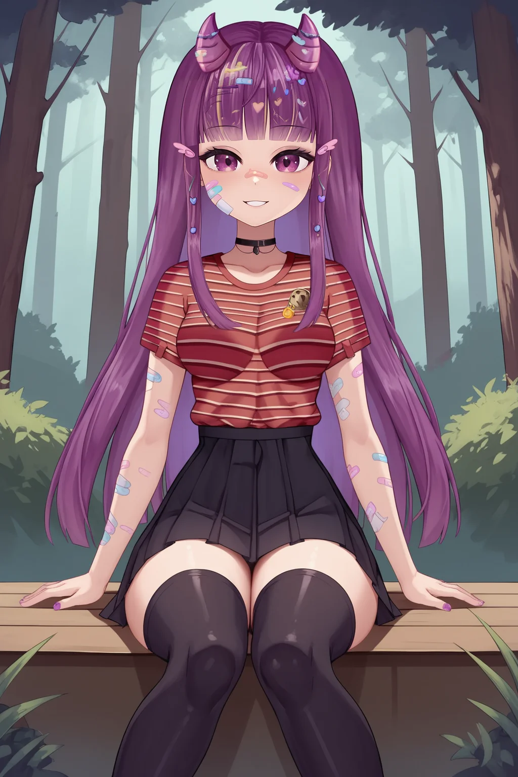 score_9, score_8_up, score_7_up, score_6_up, BREAK, KottyVTXL, bandaid on face, purple eyes, purple hair, long hair, blunt bangs, hair ornament, purple horns, black choker, medium breasts, striped shirt, red shirt, short sleeves, black skirt, black thighhighs, solo, sitting, bellow view, looking at viewer, seductive smile, (forest) <lora:KottyVTXL:0.9>