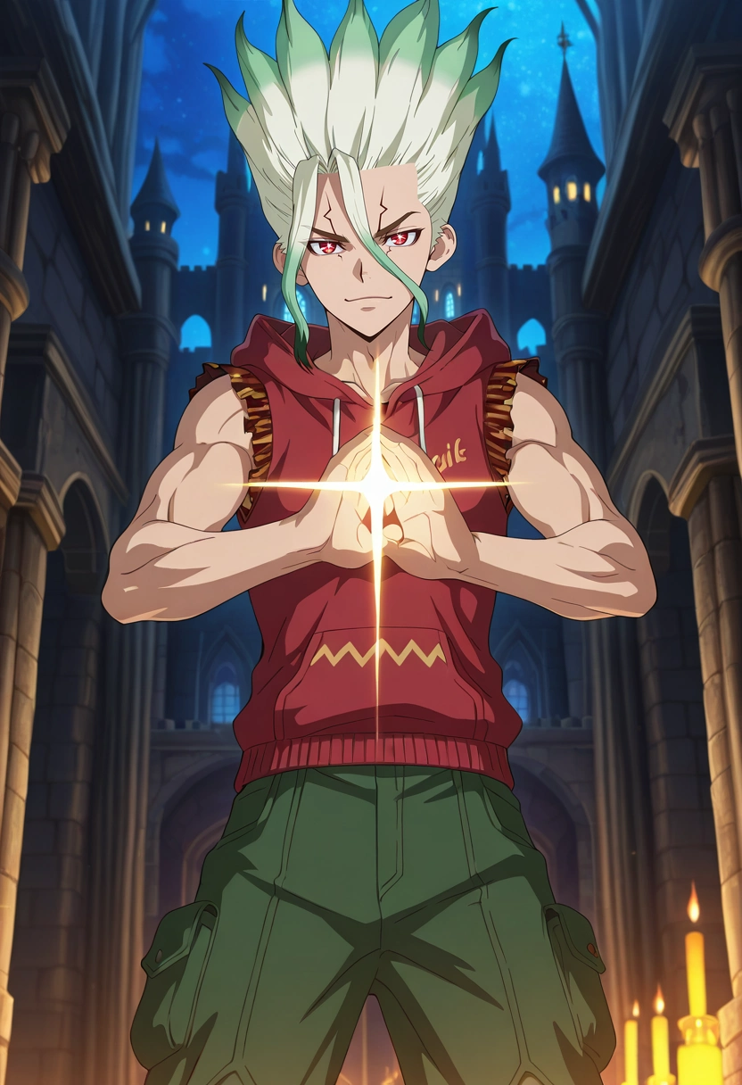 masterpiece, best quality, , anime screencap, anime coloring, official style, looking at viewer, 1boy, solo, male focus, <lora:senkuu_ishigami_ilxl:0.94>, senkuu_ishigami, green hair, red eyes, multicolored hair, two-tone hair, white hair, facial mark, enchanted castle, glowing halls, magical arches, sparkling towers, royal pose, majestic expression, starlight, Utility pants, Silk Maroon Tartan Sleeveless muscle hoodie, Oxfords, ,