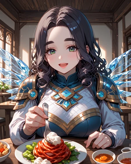 PonyScores7, source_anime, ah1, BREAK 1girl, (curly hair), long hair, (black hair:1.3), mature female, (parted hair:1.7), (round face:1.2), (fringe:-0.5), (bangs:-0.5), (hair between eyes:-0.5), (thick eyebrows), (curvy), round-chin, (greenish hazel eyes), caucasian, (downturned eyes:1.2), (plump face), <lora:ETO_OCPonyXL:0.5> eto_oc, skindentation, (plump), thick thighs, wide hips, busty, voluptuous, kinky curls, lips, <lora:venus body PonyXL:0.4>, (<lora:IncomingFood_pdxl_Incrs_v2:0.8> incoming food, holding spoon, pov across table, upper body, gentle smile, open mouth), (Dining Area, Welcoming room with a low table surrounded by cushions for seating, clay dishes filled with food, decorative pottery on display, woven tapestries adorning the walls, and a central hearth for cooking), looking at viewer, (astral Silk wings adorned with runic patterns, mythical sword forged from celestial steel, winged shield emblazoned with a Valknut symbol, raven feathercloak draped over shoulders, Frostforged armor with icy motifs, frosted leggings, helm resembling a snowflake, ice-crystal boots), BREAK <lora:xl_more_art-full_v1:0.2>, <lora:shinyskin2:0.2> glistening skin, <lora:aesthetic_anime_v1s:0.2>, <lora:Expressive_H:0.2> Expressiveh, <lora:hairdetailpxl:0.2> hairdetailpxl, <lora:EpicF4nta5yXL:0.2>, <lora:detailxl:0.2> detailxl, <lora:Fant5yP0ny:0.2>, best quality, amazing quality, best aesthetic, absurdres, <lora:expressive eyes:0.2> expressive eyes, <lora:eyedetailpxl:0.2> eyedetailpxl, illustration, Volumetric_Lighting, ultra-detailed, very aesthetic, intricate details, 8k, masterpiece, best_quality, BREAK (pov), BREAK <lora:Eyes_High_Definition:0.3> EyesHD, Stable_Yogis_PDXL_Positives, AS-Adult, <lora:Complicated fantasy portrait - XL Pony V2.0:0.4>, bad-hands-5,