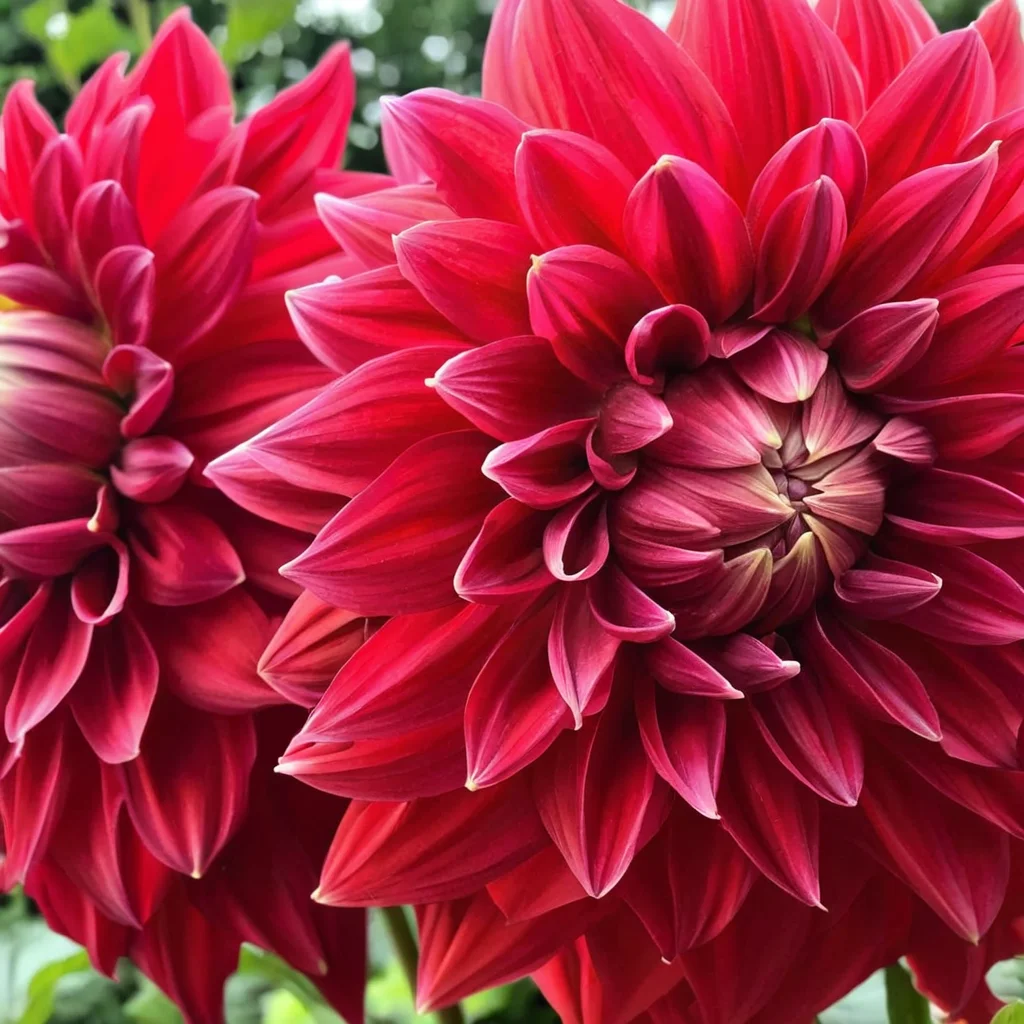 red dahlias flower head close up ingrid-elias-style in a garden <lora:ingrid_elias_style_v2:.7>