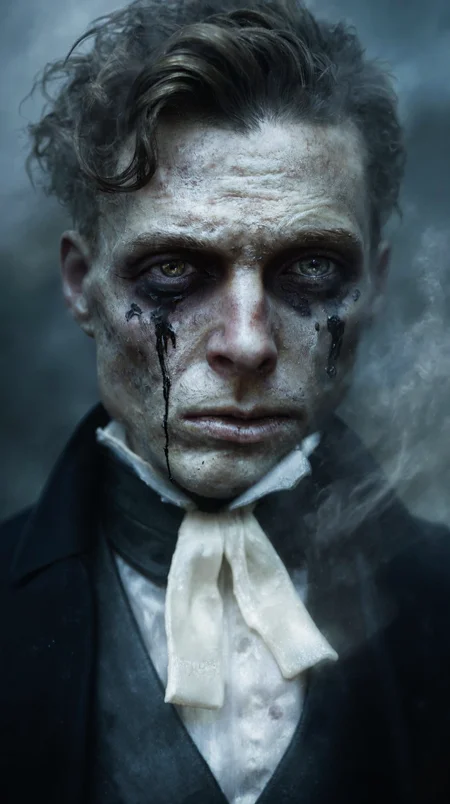 zavy-ghst, translucent figure, ethereal ghost,
An extreme close-up portrait of a ghostly young groom, dressed in elegant 19th-century attire, evoking a bygone era. His somber expression is filled with despair, his head slightly bowed, as thick black tears stream down his pale cheeks, staining his otherwise flawless, translucent skin. His haunted hazel eyes, glossy with sorrow, stare downward, lost in an eternal grief.
His dark, wavy hair is neatly combed, though slightly disheveled, as if time has weathered his once-pristine appearance. The high-collared Victorian jacket, tailored and formal, is subtly worn, its edges fading into the misty, ethereal glow that surrounds his spectral form. His white cravat is slightly loosened, suggesting a lingering trace of distress from his tragic fate.
The background is blurred and minimalistic, fading into a soft, foggy darkness, enhancing the mystical and melancholic atmosphere. The lighting is soft and moody, with subtle highlights illuminating the contours of his face while deep shadows add dramatic depth. The color palette is desaturated, dominated by cold blues, grays, and faded sepia tones, reinforcing the eerie, timeless quality of this weeping phantom groom.