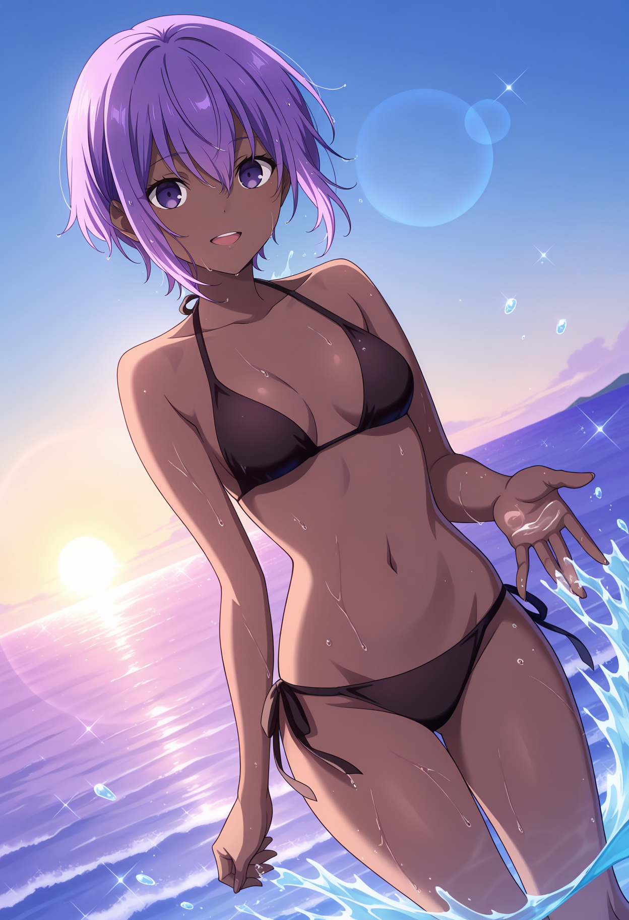 anime screencap, masterpiece, best quality,
<lora:FateGrandOrder_DivineRealm_HassanOfTheSerenity_IlluXL:0.9>,
1girl, solo, open mouth, light smile, upper teeth only,
dark-skinned female, short hair, hair between eyes, purple hair, purple eyes,
halterneck, black bikini, small breasts,  side-tie bikini bottom,
standing, knees together legs apart, looking at viewer, wet body, wet hair, cowboy shot, dutch angle,
water, ocean, horizon, blue sky, sun, lens flare, splashing