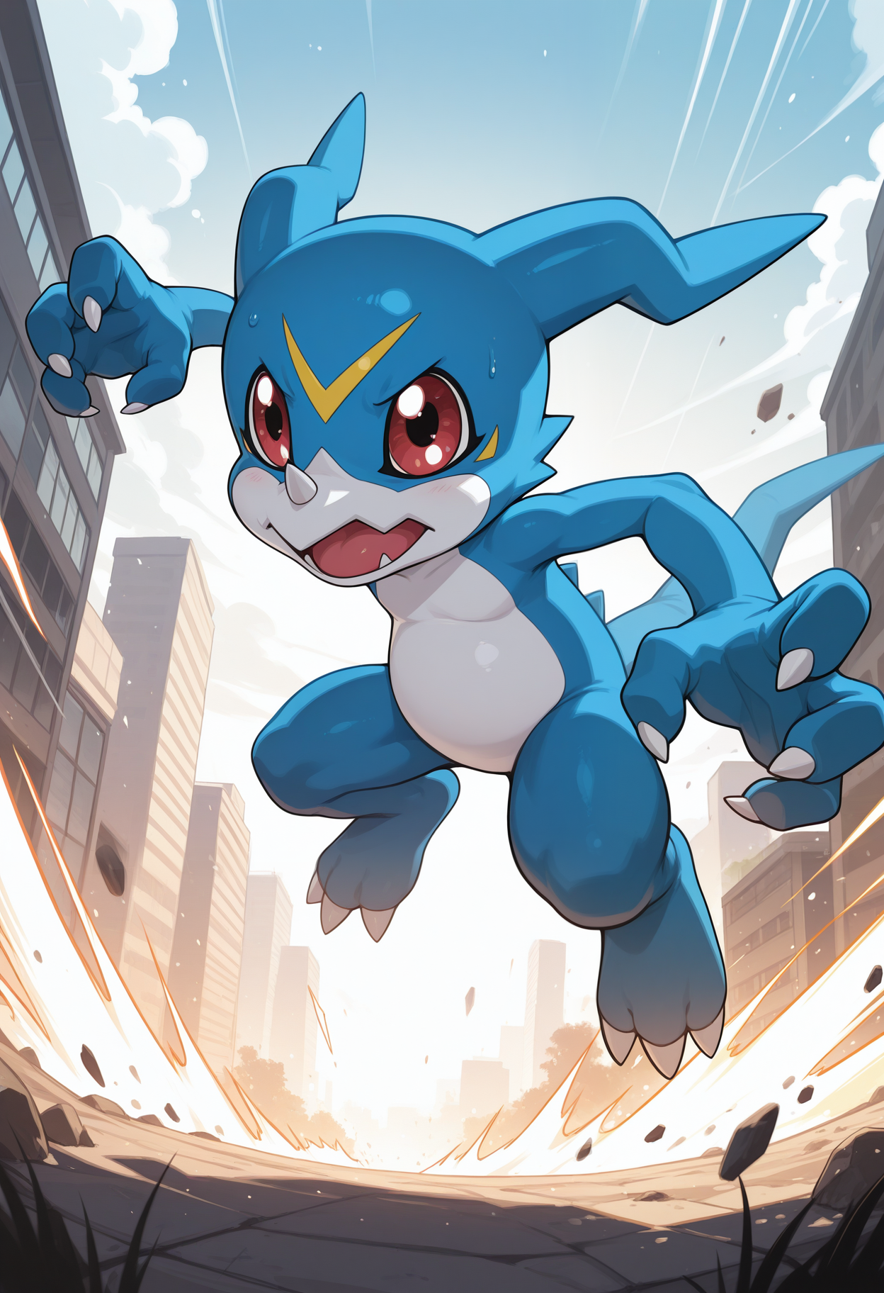 masterpiece,best quality,amazing quality, 1boy, solo, v33m0n, digimon (creature), full body, attack, outdoors,
