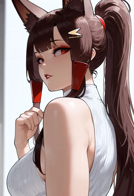 masterpiece, newest, absurdres, best quality, hires, <lora:nyantcha_style_illustrious_goofy:1>high contrast, akagi \(azur lane\), 1girl, alternate costume, alternate hairstyle, animal ears, bare shoulders, breasts, brown hair, casual, eyeshadow, fox ears, fox girl, from side, hair ornament, hairclip, hand up, long hair, looking at viewer, looking back, makeup, medium breasts, no bra, parted lips, ponytail, red eyes, red eyeshadow, sideboob, sleeveless, solo, upper body, very long