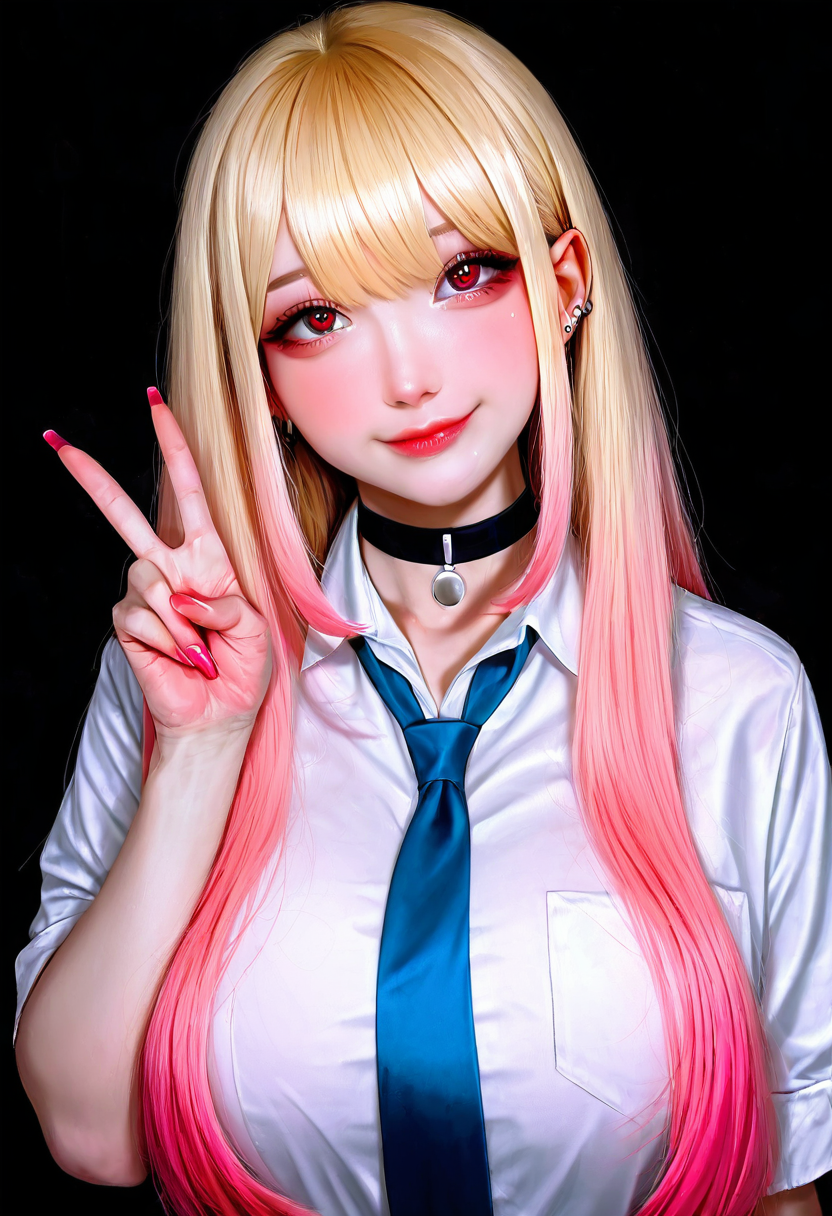 masterpiece, best quality, amazing quality, realistic, 21 year old model, medium breasts,   upper body, (detailed eyes, soft lips, soft skin), closed mouth,   1girl, solo, long hair, looking at viewer, smile, bangs, blonde hair, shirt, red eyes, school uniform, white shirt, upper body, multicolored hair, necktie, choker, collared shirt, nail polish, fingernails, v, gradient hair, black choker, piercing, red nails, pink nails, long fingernails, blue necktie, kitagawa marin  highly detailed, film grain, rim lighting looking at the viewer, curvy, beautiful detailed face, beautiful green eyes, long pink hair, skin pores,    <lora:R3alB3auty_NAI:1.0>,