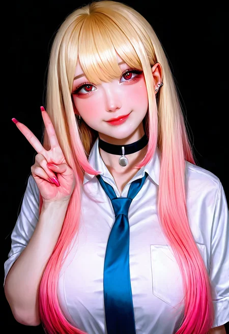 masterpiece, best quality, amazing quality, realistic, 21 year old model, medium breasts, upper body, (detailed eyes, soft lips, soft skin), closed mouth, 1girl, solo, long hair, looking at viewer, smile, bangs, blonde hair, shirt, red eyes, school uniform, white shirt, upper body, multicolored hair, necktie, choker, collared shirt, nail polish, fingernails, v, gradient hair, black choker, piercing, red nails, pink nails, long fingernails, blue necktie, kitagawa marin highly detailed, film grain, rim lighting looking at the viewer, curvy, beautiful detailed face, beautiful green eyes, long pink hair, skin pores, <lora:R3alB3auty_NAI:1.0>,