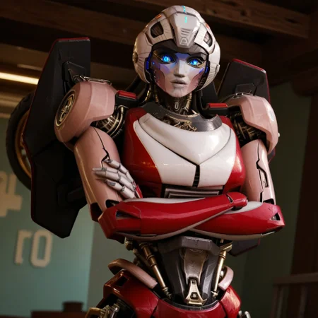 score_9, score_8_up, score_7_up, screencap, detailed eyes, arceerotb, autobot, 1girl, red and white body, mechanical parts, robot, helmet-like head, robotic face, glowing blue eyes, autobot symbol on forehead, fairing-like chest, wheels on back, 'ducati' printed on right leg, narrow waist, unique pose, sunny, arms crossed, unique angle, waist-up view