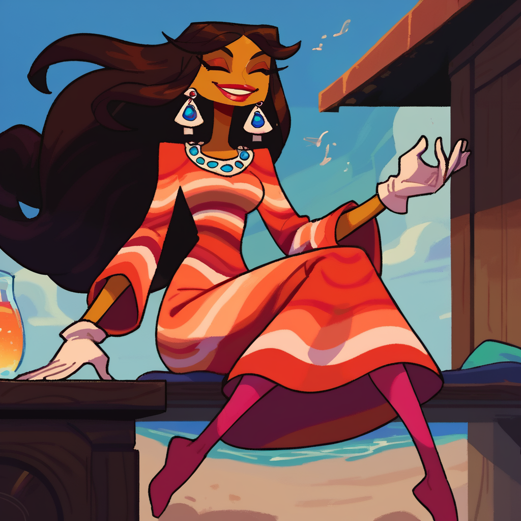 score_9, score_8_up, score_7_up, score_6_up, 1girl, milla vodello, default outfit,  a woman in a multicolored dress levitating in a meditation pose, dark-skinned female, dark skin, long hair, solo, jewelry, earrings, (levitating), ((floating in the air)), ((sitting cross-legged)), (meditation pose), closed eyes, brown hair, yellow skin, gloves, white gloves, red pantyhose, pantyhose, (beach), (wooden pier:0.8), detailed background, happy, <lora:Milla_Vodello_Psychonauts_-_PonyXL:1>  <lora:incase-ilff-v3-4:0.7> <lora:d3p1x3lXLP:0.6> godrays