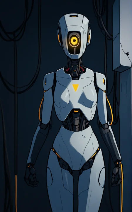 best quality, absurdres,<lora:BolivanteStyleITS:0.8>,   <lora:GP2ITS:0.8>,GP2ITS,robot,humanoid robot, joints,yellow eye,one-eyed,no mouth, science fiction,standing,white skin,solo,slim,(cable),dark room , horror \(theme\)