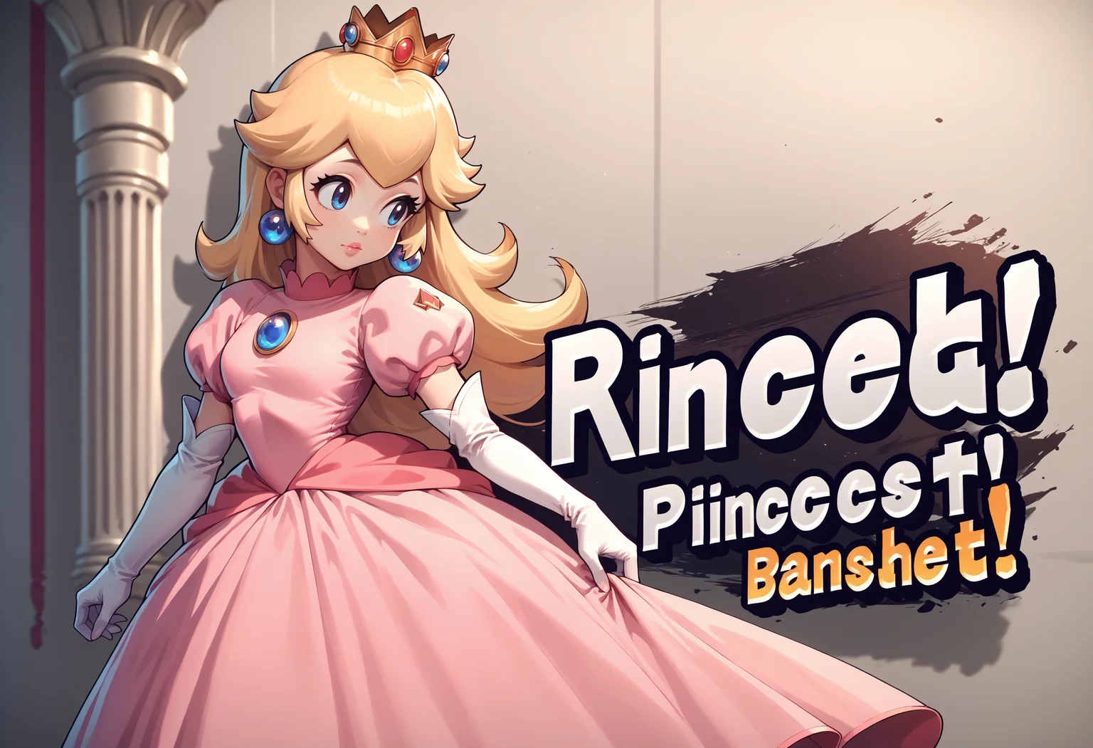 score_9, score_8_up, score_7_up, source_anime, 1girl, SSBUSplashArt, english text, <lora:SSBUSplashArt_XLPD_1:1.4>, <lora:PrincessPeach_XLPD:0.8>, princess peach, pink dress, elbow gloves, crown,