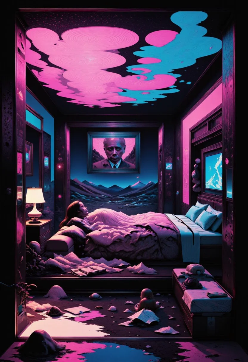 funeral, a surreal juxtaposition of vibrant colors clashing with dull, dreary surroundings, cinematic composition inspired by Kill Bill, dramatic lighting, desolate landscapes, fragmented reflections, introspective expressions, ultra-detailed, emotional storytelling, dreamlike yet grounded, haunting yet captivating, stark contrasts, evocative mood, hyperrealism with surreal flourishes.
