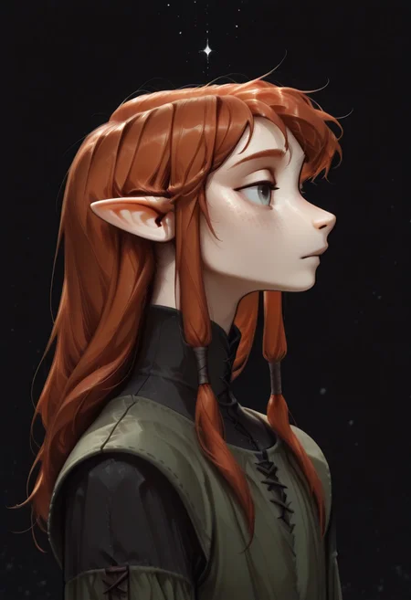 1person, ((Lapanya)), Malgha, freckles, 2 strands of hair sticking up, pointy ears, Long-sleeve black shirt, green tunic,
looking around, floating, weightless,
Close up, face focus, side view, highly detailed face,
Black background, void background, empty space background,
Source: semi-realistic