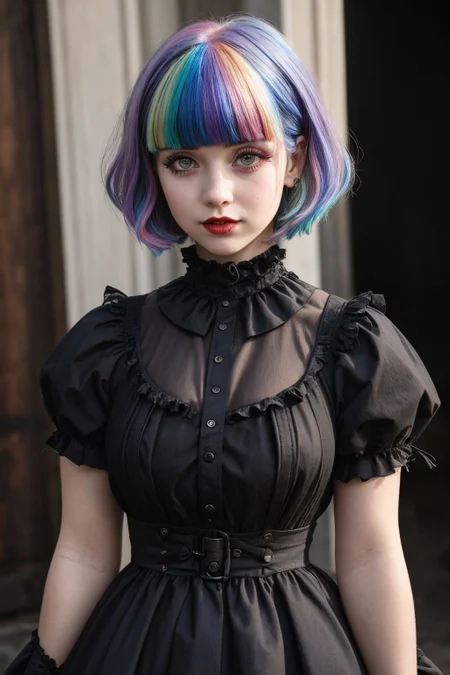 upper body, a badass GothGal, 28 years old, (caligirl:1.3), slaying it, wearing a GothGal outfit, red dress, ribbon, frills, Pouty lips, Long eyelashes, Full eyebrows, Full eyelids, thick lips, rosy cheeks, cuteness overload , moody atmosphere, dimples, Resist her cuteness!!!, cute smile, fair pale skin, oily skin, radiant eyes, (Bowl cut hair cut), (Rainbow hair color), harsh flash lighting, vignette, grainy, <lora:edgGothGal_MINI:0.85>