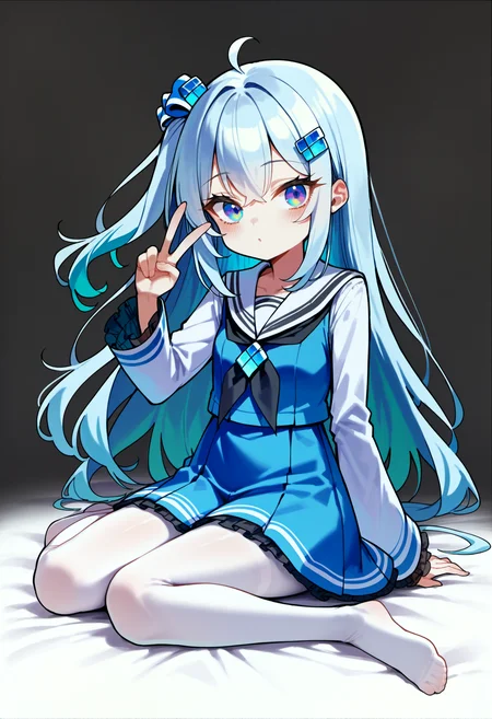 score_9, source_anime, score_8_up, score_7_up,simple background,white background,<lora:madobev1-000040:0.7> madobev1,full body,sitting,v sign,cyan hair,multicolored eyes, one side up, white_pantyhose,barefoot,no shoes, serafuku, hair ornament, hair bow,black neckerchief,white frills,
