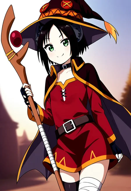 score_9, score_8_up, score_7_up, score_6_up, score_5_up, score_4_up,, 1girl, solo, original anime, Chii Suimori, bat girl, short hair, black hair, bat ears, fluff on ears, bald forehead, flat chest(green eyes: 1.1),
<lora:megumin-cosplay-ponyxl-lora-nochekaiser:1>, megumin cosplay, megumin (cosplay), thighhighs, gloves, hat, dress, black gloves, belt, black thighhighs, fingerless gloves, cape, collar, witch hat, bandages, red dress, single thighhigh, asymmetrical legwear, bandaged leg,, staff, holding staff, smug, outdoors, looking at viewer, cowboy shot,