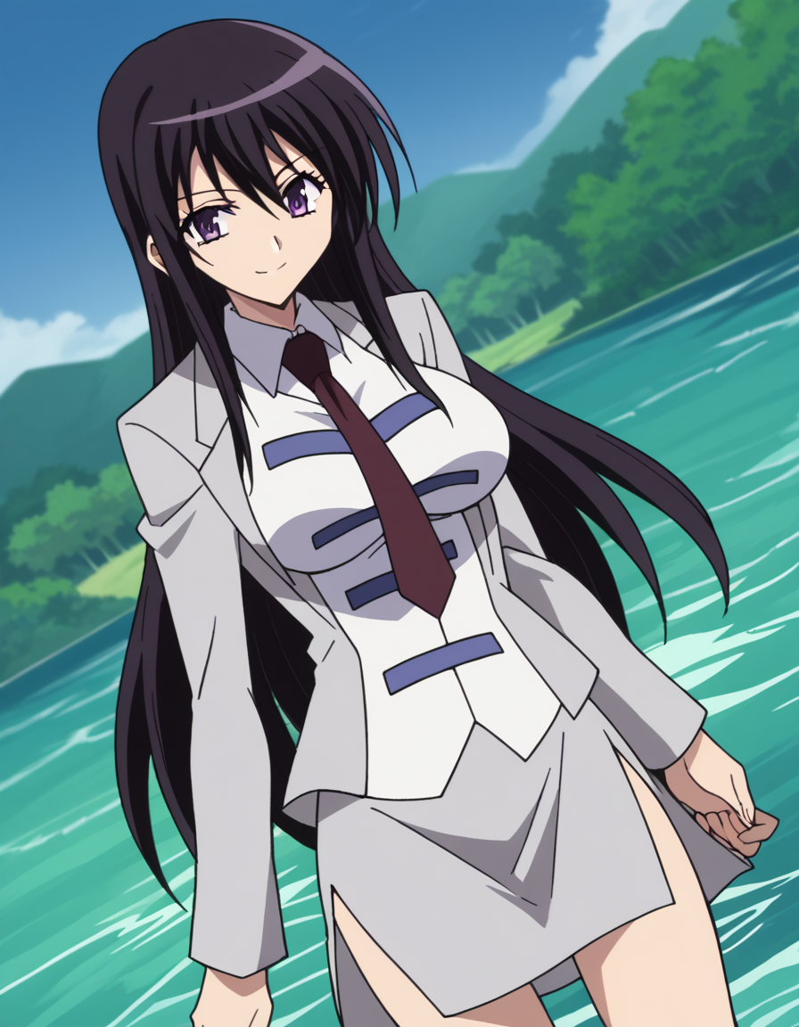 score_9, score_8_up, score_7_up, source_anime, <lora:kyouko-sonan-s1-ponyxl-lora-nochekaiser:1>, kyouko sonan, long hair, black hair, purple eyes, hair between eyes, sidelocks, anime screencap,, skirt, long sleeves, uniform, side slit, skirt suit, necktie, large breasts,, river, flowing, fish, banks, current, , <lora:seductive-smile-ponyxl-lora-nochekaiser:1>, seductive smile, come hither, naughty face,, looking at viewer, solo,, dutch angle, cowboy shot