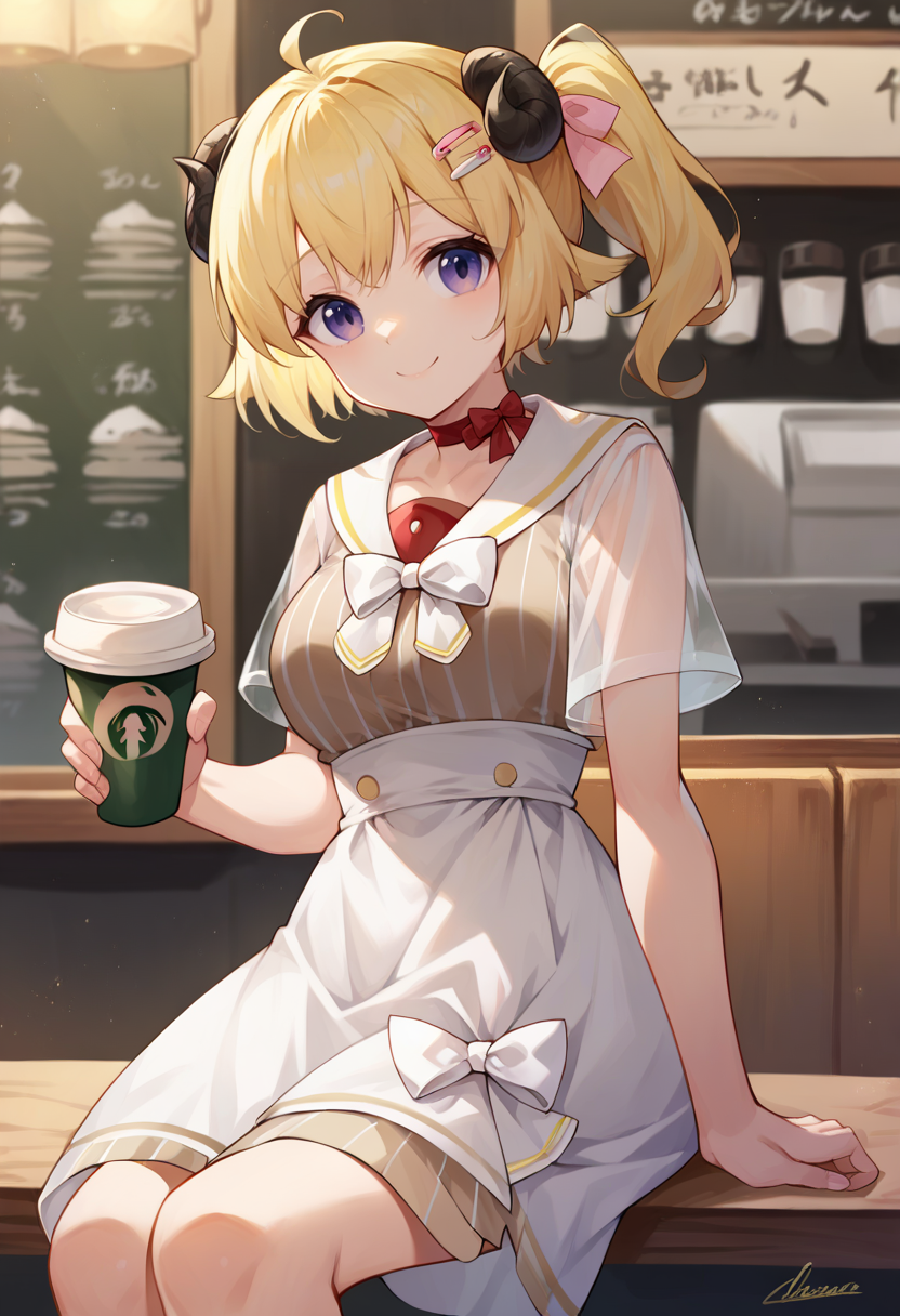 score_9, score_8_up, score_7_up, WatameCasual, ahoge, side ponytail, short hair, hairclip, vertical-striped dress, white skirt, high-waist skirt, sailor collar, red choker, white bow, see-through sleeves, sitting, indoors, coffee shop, smile, <lora:CHAR-TsunomakiWatamePonyXL:1>