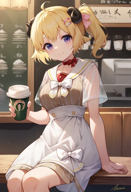 score_9, score_8_up, score_7_up, WatameCasual, ahoge, side ponytail, short hair, hairclip, vertical-striped dress, white skirt, high-waist skirt, sailor collar, red choker, white bow, see-through sleeves, sitting, indoors, coffee shop, smile, <lora:CHAR-TsunomakiWatamePonyXL:1>