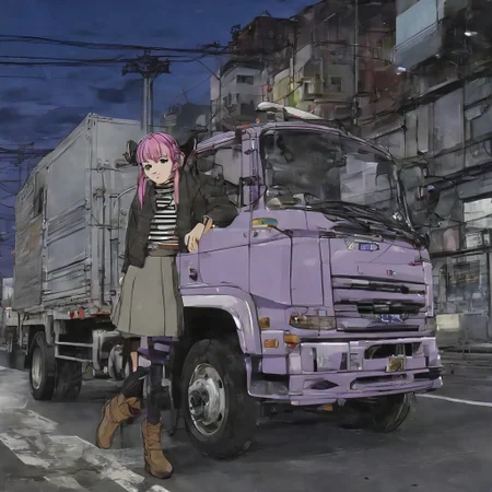 masterpiece,(bestquality),highlydetailed,ultra-detailed,illustration,(1girl),Frieren,light purple hair,twintails,multicolored eyes,earrings,capelet,jacket,striped shirt, belt,skirt, pantyhose, brown boots, ,(girl is driving in the seat on the right:1.2),Japanese truck,(nightime),Expressway