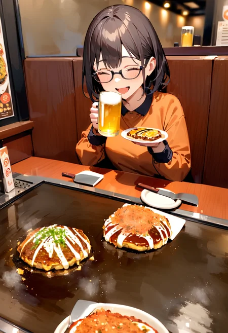 masterpiece, best quality, very aesthetic, absurdres,
1girl, glasses, black hair, open mouth, eating, holding beer mug, holding TEKOKOTE, closed eyes, pov across table, sitting, plate, table, scenery, okonomiyaki, Teppan, food, TEKOKOTE, restaurant, beer mug, holding, smile, indoors,
<lora:okonomiyaki_SDXL_V4:1>