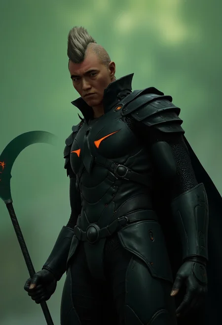 civitametapunk, hyper realistic and highly detailed, highly dynamic cinematic close shot, an atmospheric and powerful dark fantasy, natural organic and impressionist classical-style painting of a horrifying towering chaos knight all dressed in black,he has a spiky desing or mohawk on the top of his head and the sides of his haistyle is short and neat, light skin, obsidian black armor, glowing red eyes, holding a glowing ghostly scythe, dutch angle, menacing, atmospheric haze, motion blur, depth of field, cinematic, Leather Brown hue and vibrant Midnight Green tint , cyberpunk, anime
