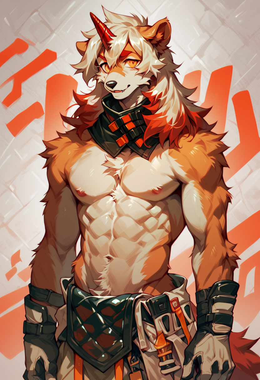 score_9, score_8_up, score_7_up, score_6_up, furry, anthro, solo, adult, realistic, hung, perro, arknights, two-tone fur, medium hair, muscular, topless, single horn, orange eyes, cowboy shot, detailed background, <lora:Hung:1>