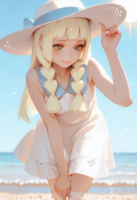 masterpiece, best quality, very aesthetic, (realistic:0.8), (flat color:0.4), 1girl, solo, lillie (pokemon), long hair, twin braids, blunt bangs, green eyes, white dress, sundress, sleeveless dress, white kneehighs, sun hat, hat, thin lips, (smile:0.6), (blush:0.6), leaning forward, looking down, hand on hat brim, straight-on, cowboy shot, beach, day, blue sky, depth of field, backlighting, usnr