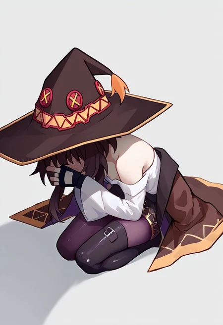 score_9, score_8_up, score_7_up, BREAK, solo, best quality, shinjichair, sitting, head down, highest detailed megumin, witch hat on head, <lora:Degen_Kafka_beta_v1:1>  white shirt, brown jacket, witch hat on head, pantyhose, asymmetrical legwear, bare shoulders, thigh boots black thighhighs, <lora:concept_shinjichair_ponyXL:1>