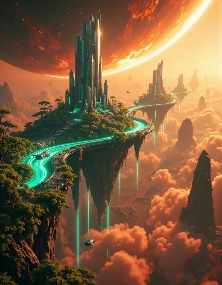 Suspended in the vast expanse of space, a mesmerizing chain of islands drifts serenely in orbit around the red planet, Mars. Each island hovers at a different altitude, their surfaces adorned with lush, emerald foliage that flourishes beneath the glimmering force fields enveloping them like protective shields. The shimmering barriers ripple like liquid light, refracting the harsh glow of distant stars and painting the sky with an ethereal iridescence.
Expansive land bridges connect these celestial wonders, their structures crafted from advanced alloys that gleam under the golden radiance of a nearby sun. Towering skyscrapers, sleek and futuristic, rise like monolithic sentinels from the dense greenery, their crystalline facades pulsing with streams of neon energy. Some seem to touch the heavens, their uppermost floors disappearing into the wisps of cosmic mist that swirl around them.
Above and below, sleek shuttles weave through the intricate pathways of this orbital oasis, descending gracefully toward the Martian surface in choreographed arcs of propulsion and light. Each craft leaves behind a faint, luminescent trail as it navigates through the shimmering force fields, vanishing into the crimson haze that blankets the planet below. The scene is a breathtaking fusion of sci-fi wonder and mystical grandeur, rendered in stunning 8K detail with the magic of Unreal Engine, Octane Render, and the unparalleled realism of ray tracing. It is a vision of a world where technology and fantasy entwine, suspended in the cosmos like an artistâs dream brought to life. <lora:Flux_Detailer_v3:0.8> Jeddtlv3 <lora:Test:0.8> n1t3_du5t