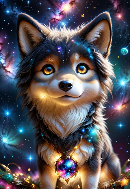 (((videogame_style))), (sharp focus:1.2), lineart, flat color, monochrome, greyscale, depth of field, bokeh, 8k, OLED, 1 baby wulf, being playful, wearing ribbon choker in different colours, different fur, super cute,, The wulf raises its paws towards the viewer, in the galaxy, space wulf flying in the stars,lluminated by the ethereal glow of cosmic lightning, the light is reflecting shadows on the cute animal, for the viewer, it appears alive, as if a glimpse of its inner sparkle is possible, star sky, peacful and grateful atmosphere, painted hearts, magical atmosphere, close up, (((cuteness overload))), <lora:detailed_notrigger:0.9>, zhibi <lora:zhibi:0.8>, <lora:tweak-detail-xl:0.7> <lora:Jed-Cosmos-sdxl:0.7> Jed-Cosmos
