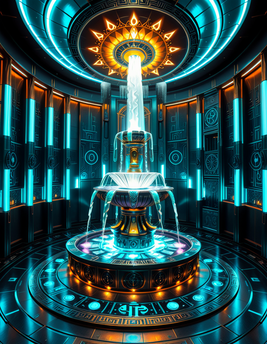 The center of a high-tech, alien temple-laboratory, where dark metallic walls shimmer under the glow of cyan vertical light tubes and faint sacred runes. In the middle of the chamber lies an elaborate biomechanical fountain, rising like an altar from a circular platform of engraved metal. The fountain pulses with iridescent liquid light, flowing in gravity-defying streams that spiral upward before cascading back into a glowing basin etched with ritual patterns. Bioluminescent veins run through the structure, illuminating the surrounding floor like circuitry. Overhead, a radiant, halo-like design casts a celestial glow, enhancing the surreal, sanctified atmosphere. The space exudes a fusion of sacred ceremony and alien technology, as if the fountain were a source of divine power worshipped by another world.
<lora:high-tech_alien_temple_f0unt41n:1>,high-tech alien temple f0unt41n,<lora:SDXLFaeTastic2400:0.4> <lora:extremely_detailed:0.4> extremely detailed, Masterpiece,best quality,hi res,8k,hi res,8k,award winning,(sharp focus, intricate, highly detailed),