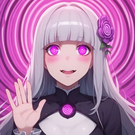 score_9,score_8_up,score_7_up, 1girl, solo, long hair, breasts, looking at viewer, open mouth, bangs, gloves, long sleeves, frilly dress, frills, hair flower, blush, medium breasts, purple eyes, upper body, white hair, grey hair, blunt bangs, pink eyes, shiny hair, psychedelic background, glowing, hair intakes, glowing eyes, covered collarbone, hypnotised, spiral eyes, smile, closed mouth, waving hand, hi